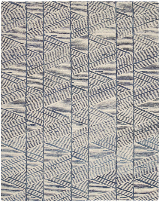 Navy and beige geometric rug with vertical lines and chevron triangles in a modern rectangular design.