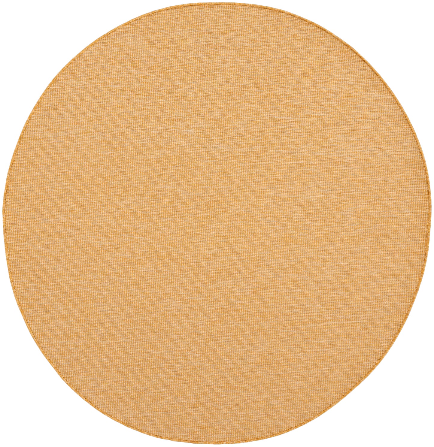 Round orange woven rug with a subtle crosshatch texture.
