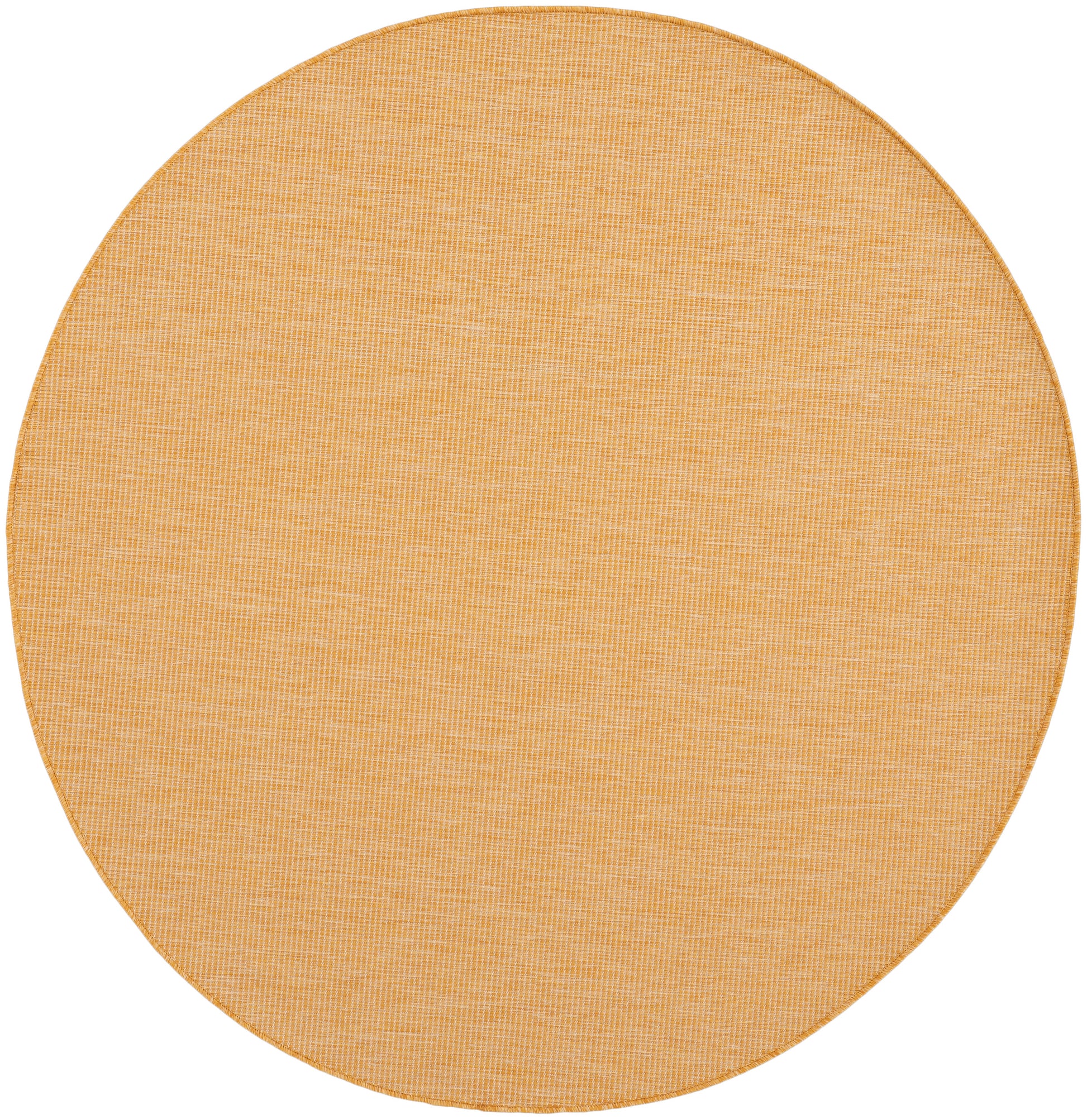 Round orange woven rug with a subtle crosshatch texture.