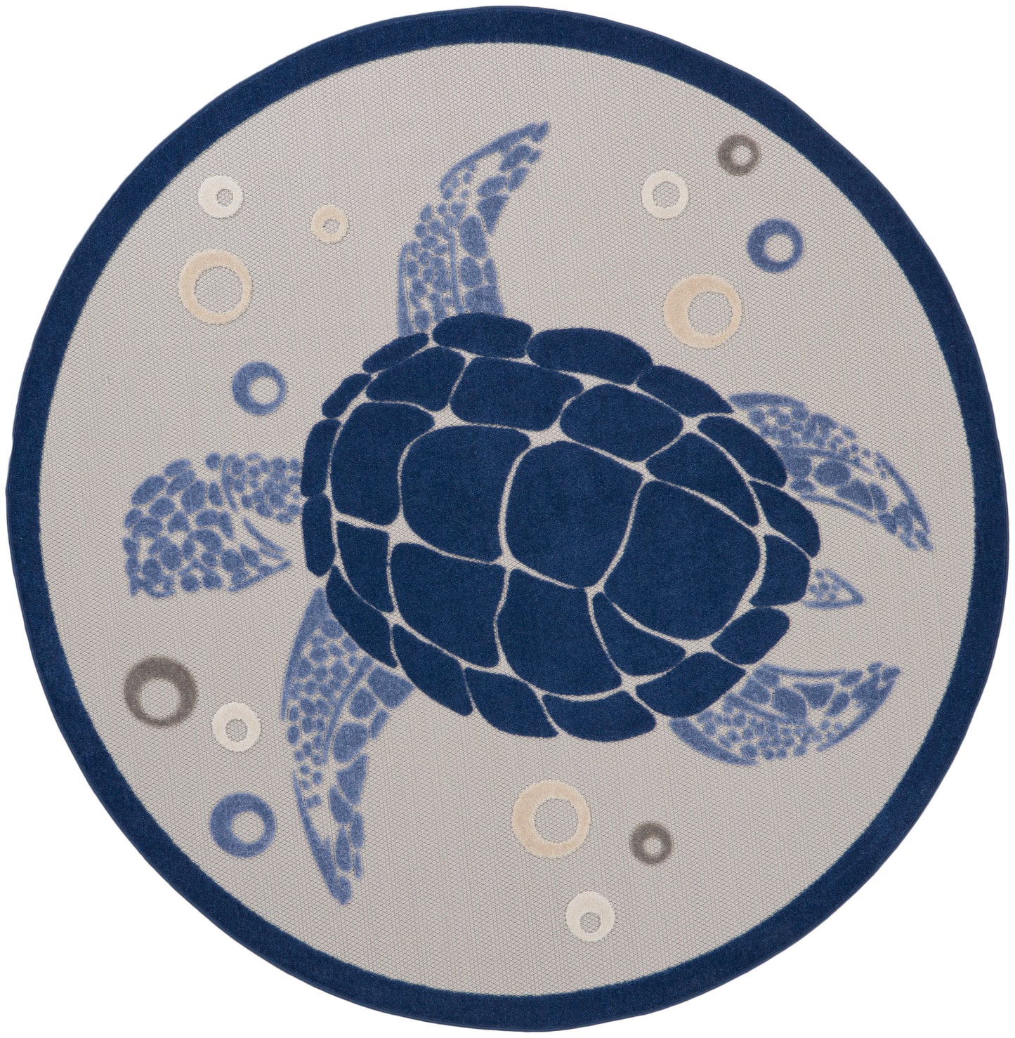 Round rug featuring a navy sea turtle motif on beige background with a dark blue border and light-blue bubbles.