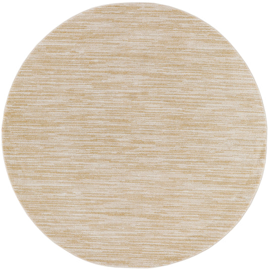 Round beige textured rug with subtle horizontal striations; soft, neutral decor piece.