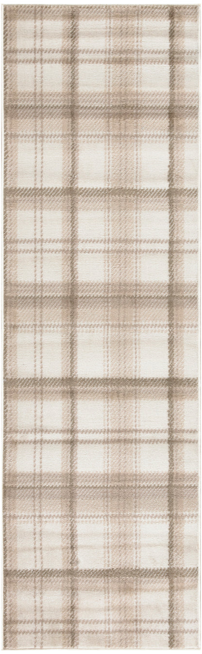 Beige plaid woven runner rug with cream & tan checks; soft rectangular rug, 6' long.