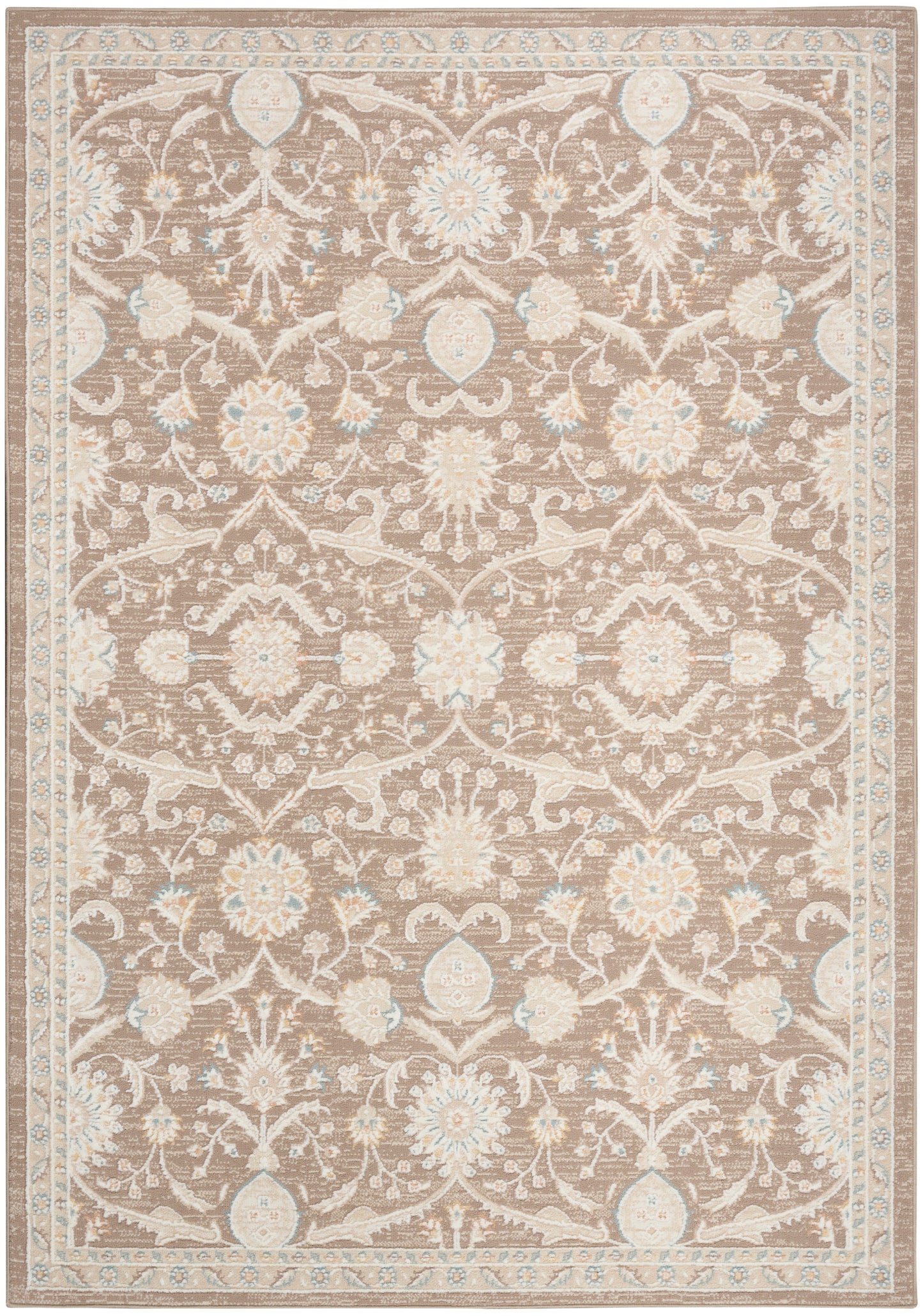 Beige-brown traditional oriental rug with ivory and pale blue floral damask pattern; rectangular with ornate border.
