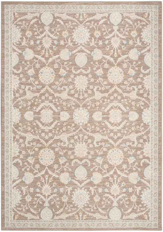 Beige-brown traditional oriental rug with ivory and pale blue floral damask pattern; rectangular with ornate border.