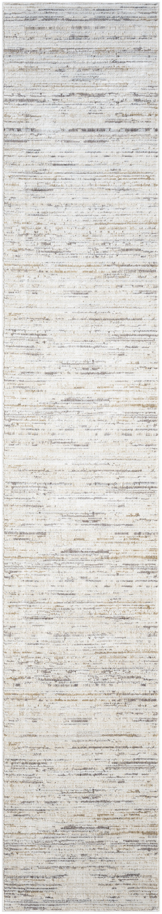 Neutral rug runner with cream, beige & gray tones, subtle distressed horizontal lines & soft woven texture.