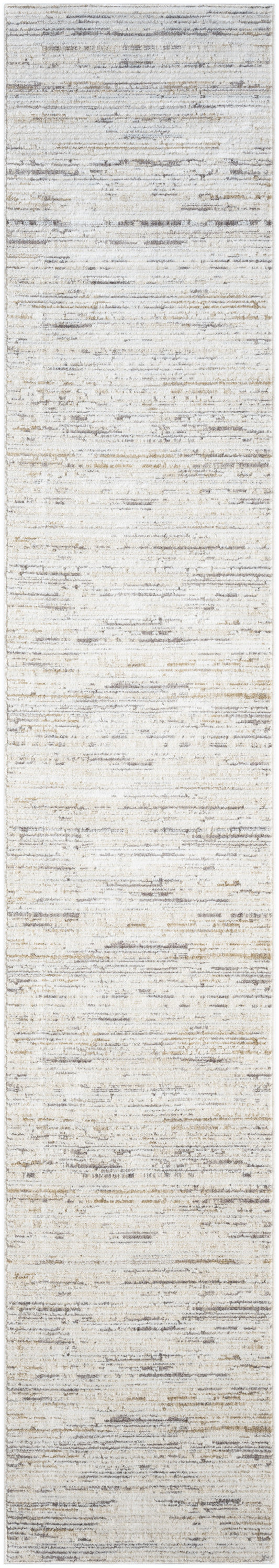 Neutral rug runner with cream, beige & gray tones, subtle distressed horizontal lines & soft woven texture.