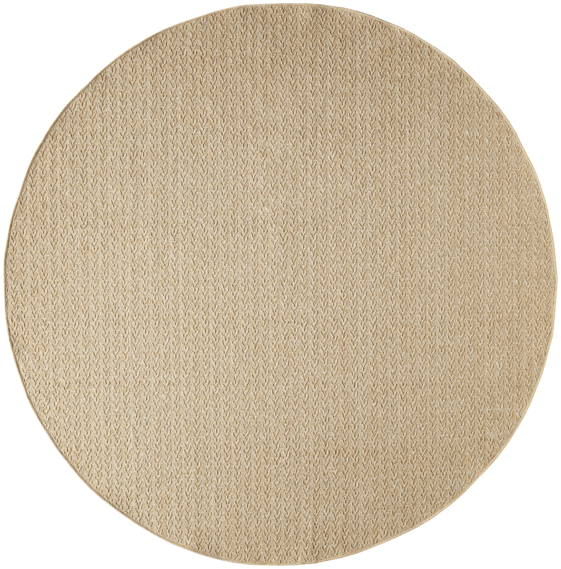 Round natural beige jute rug with tight woven pattern for warm, organic decor.