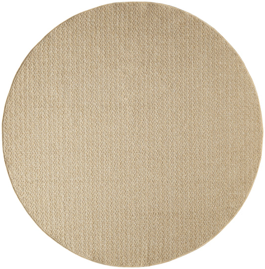 Round natural beige jute rug with tight woven pattern for warm, organic decor.