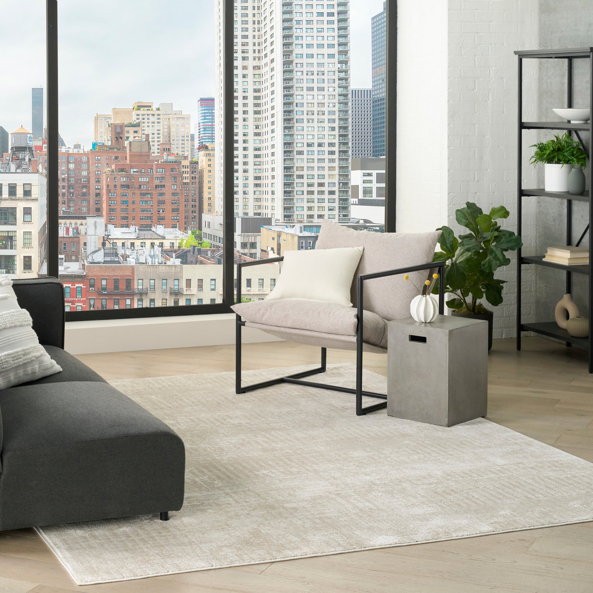 Contemporary living room with city skyline view, beige rug, gray sofa, metal-framed armchair, side table, and plants.