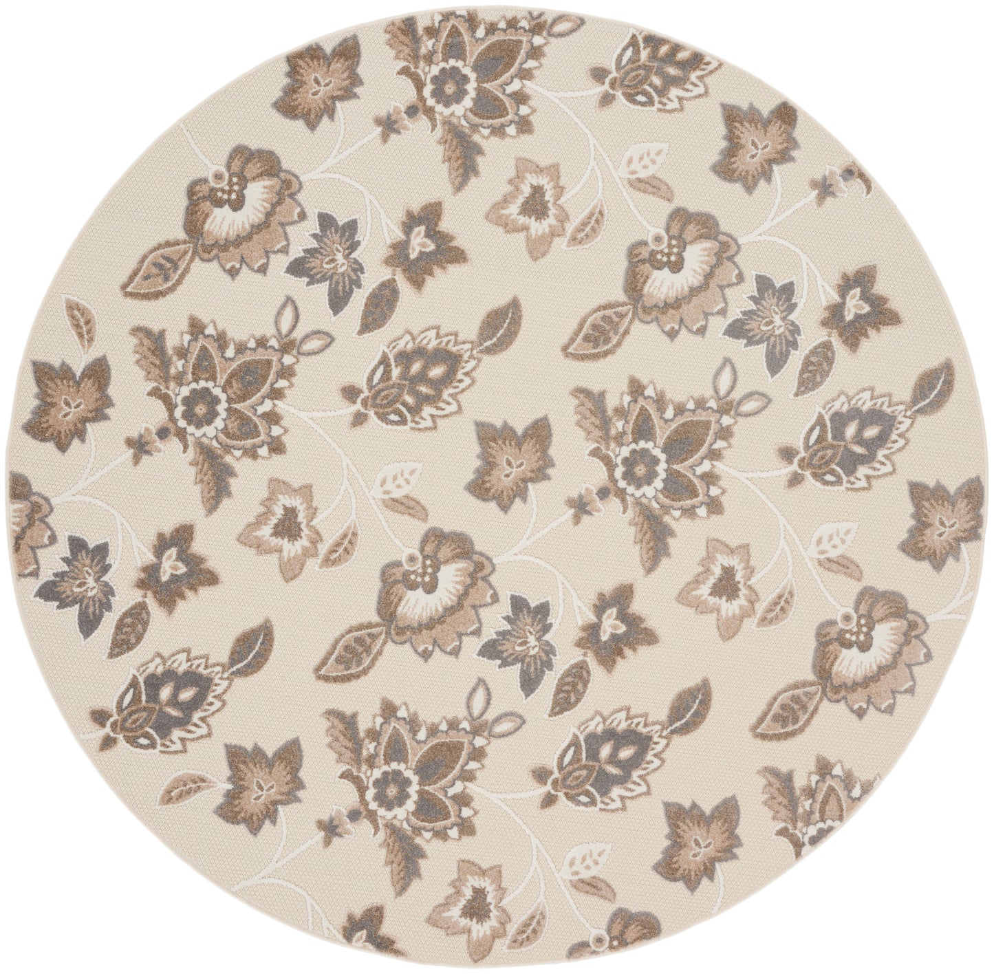 Round beige area rug with brown and taupe floral pattern, subtle textured background, vintage-inspired decor.