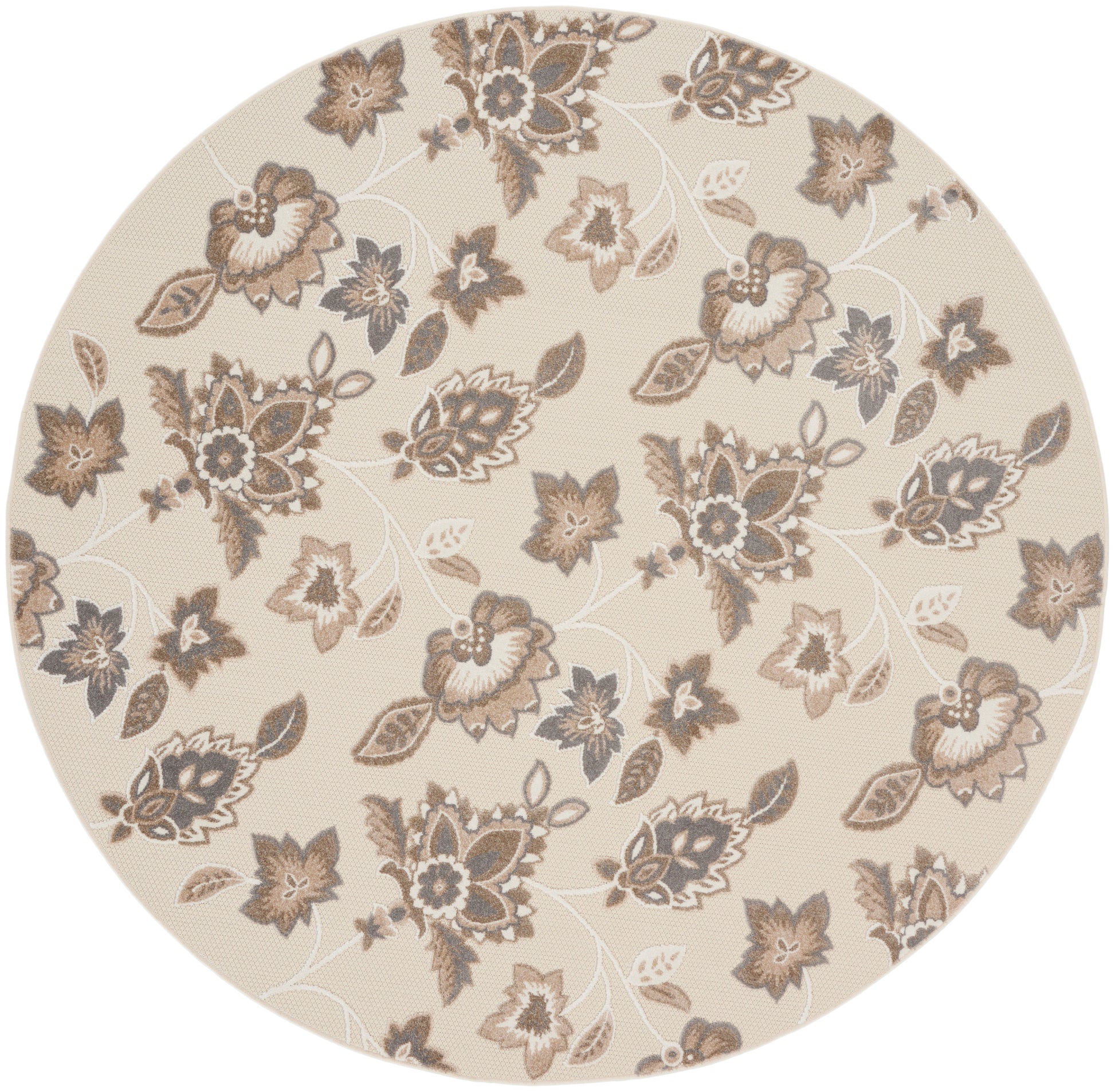 Round beige area rug with brown and taupe floral pattern, subtle textured background, vintage-inspired decor.
