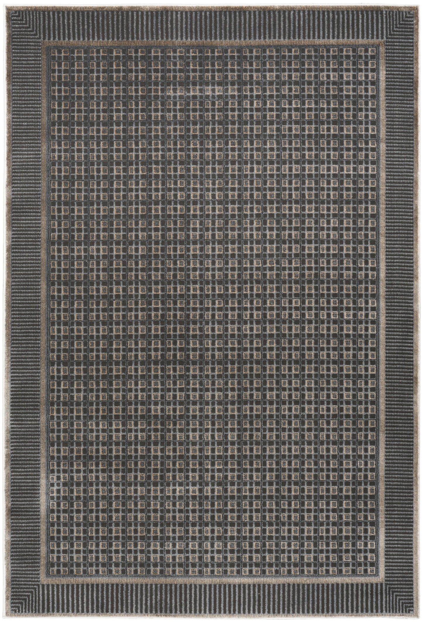 Rectangular flat-weave rug in charcoal gray with tan grid pattern and striped border; modern geometric style.