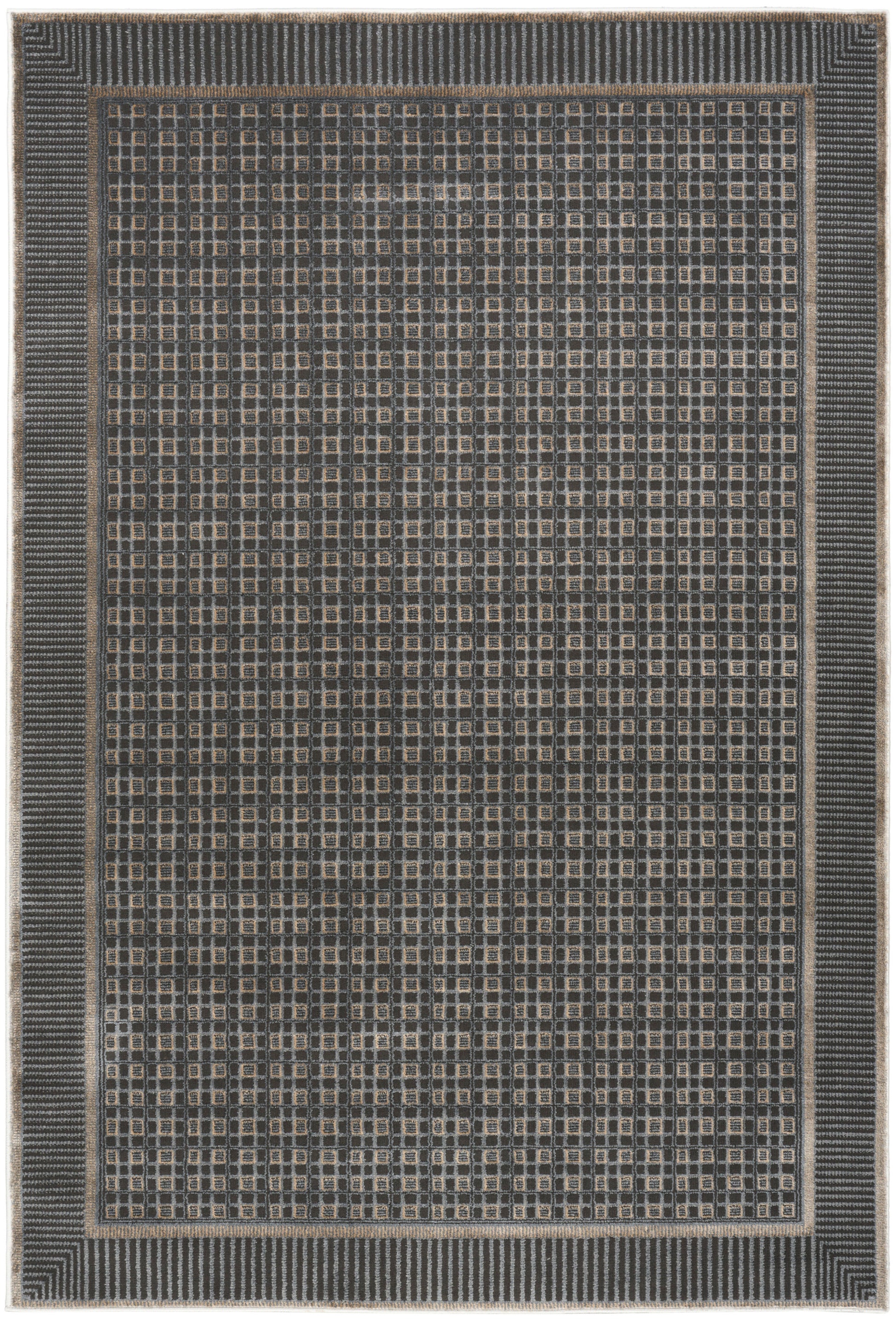 Rectangular flat-weave rug in charcoal gray with tan grid pattern and striped border; modern geometric style.