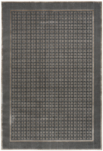 Rectangular flat-weave rug in charcoal gray with tan grid pattern and striped border; modern geometric style.