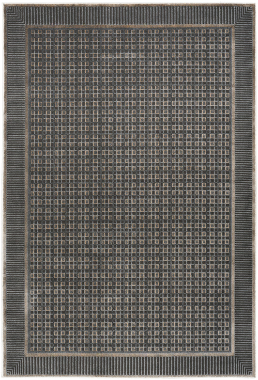 Rectangular flat-weave rug in charcoal gray with tan grid pattern and striped border; modern geometric style.