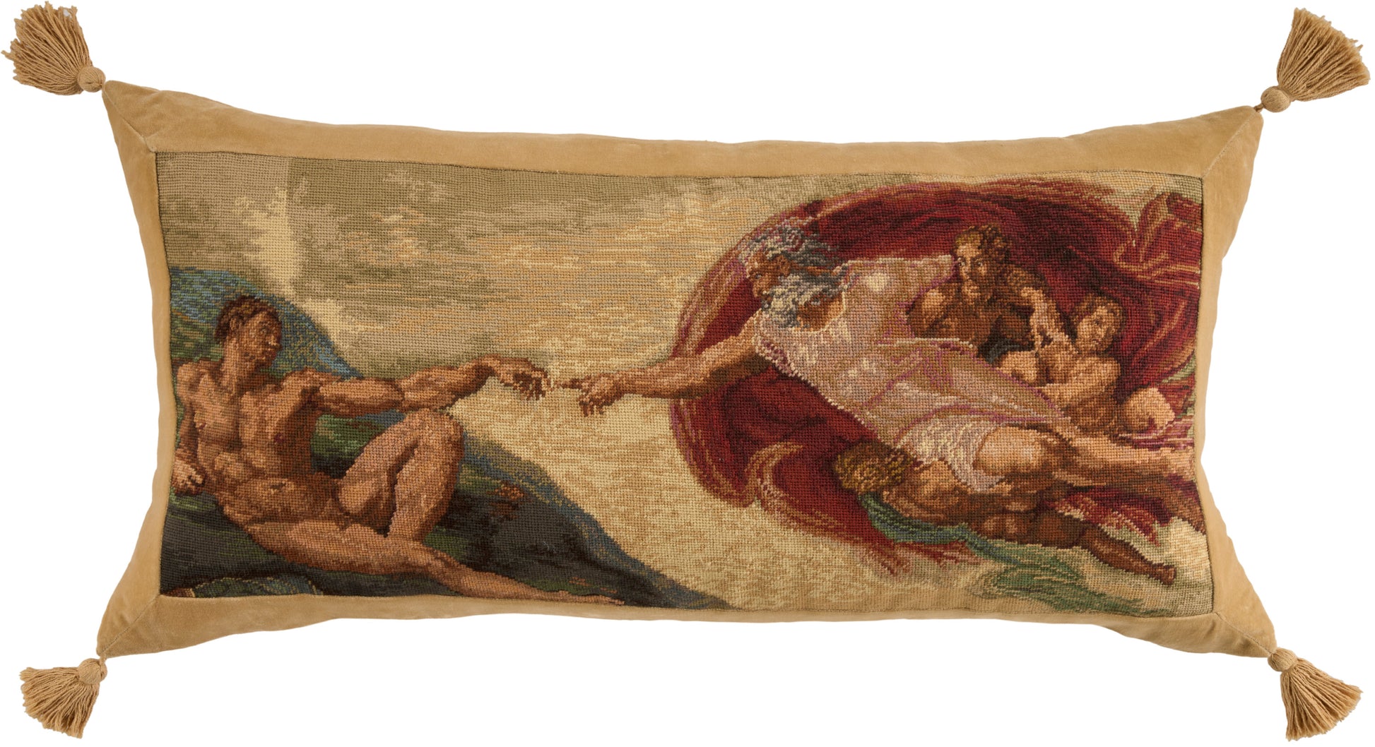 Beige tapestry panel depicting lovers across water in browns, golds and reds; 22" x 41