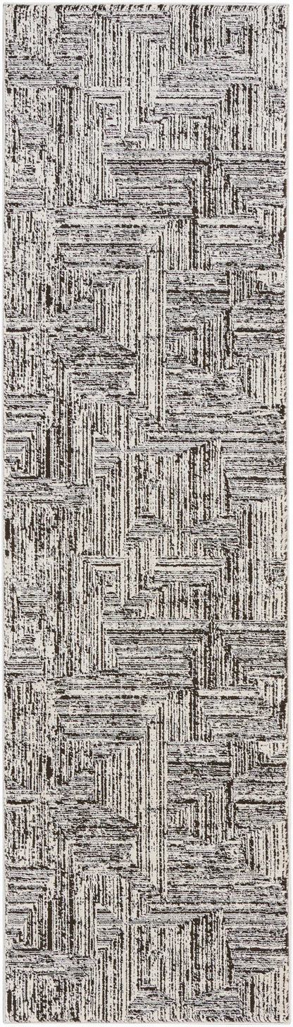 Rectangular woven rug in beige and dark brown with a textured geometric, maze-like pattern.