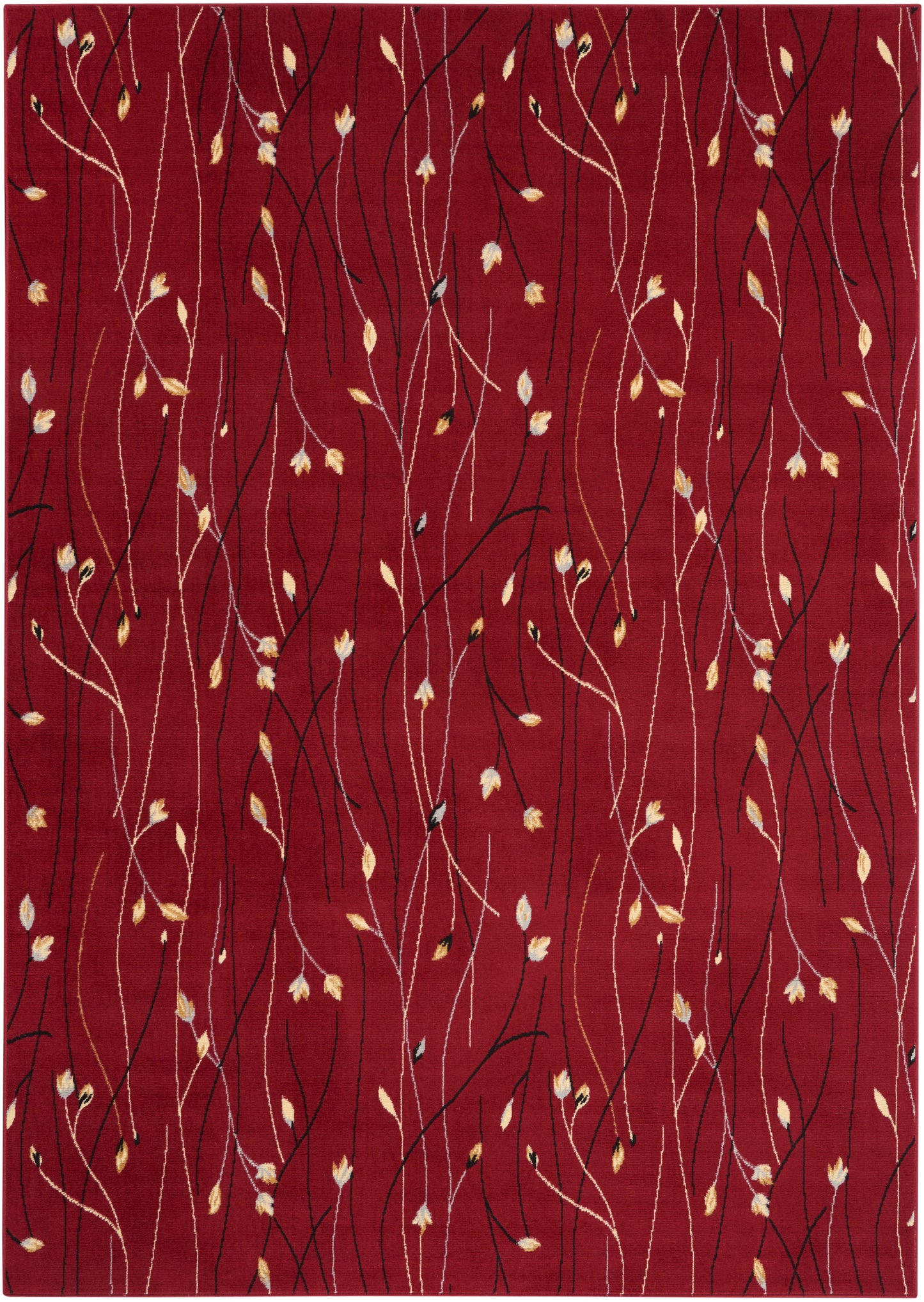Maroon area rug with sinuous cream and black vines and small tan leaves scattered throughout.