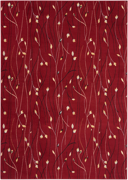 Maroon area rug with sinuous cream and black vines and small tan leaves scattered throughout.