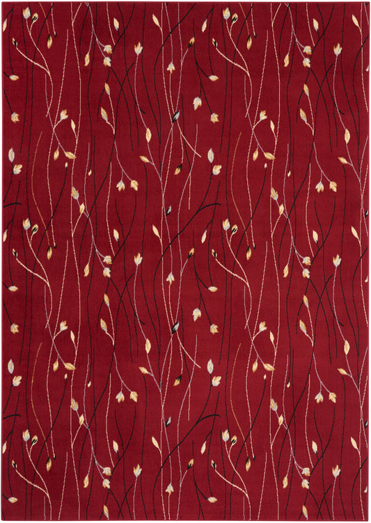 Maroon area rug with sinuous cream and black vines and small tan leaves scattered throughout.