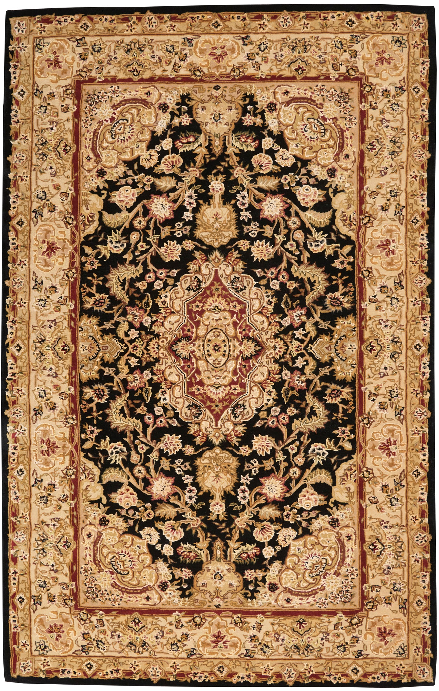 Persian-style oriental rug with black central field, gold floral motifs, red central medallion, beige border, rectangular.