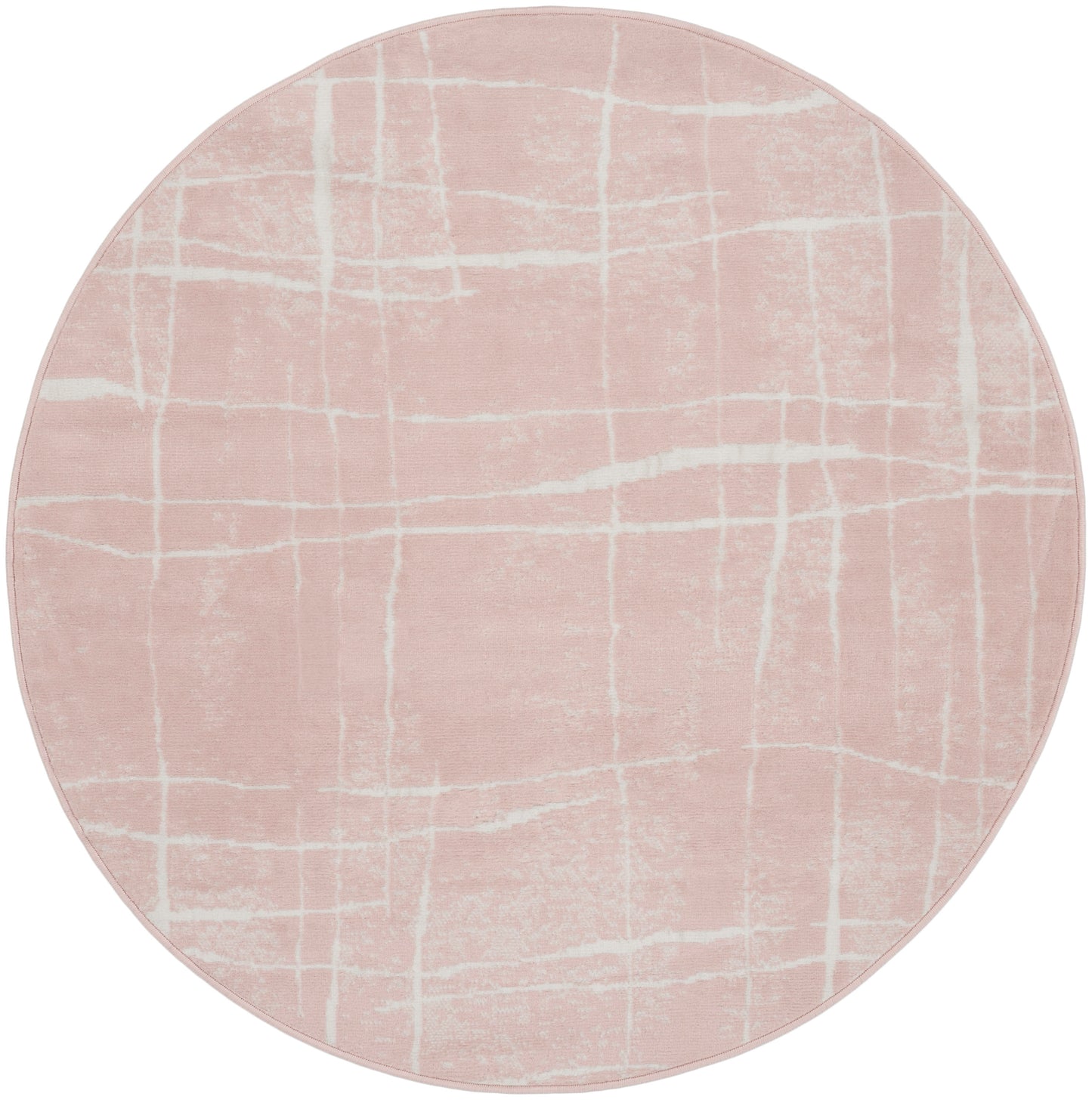 Round pink rug with white grid pattern; plush texture, modern accent for living room or bedroom.