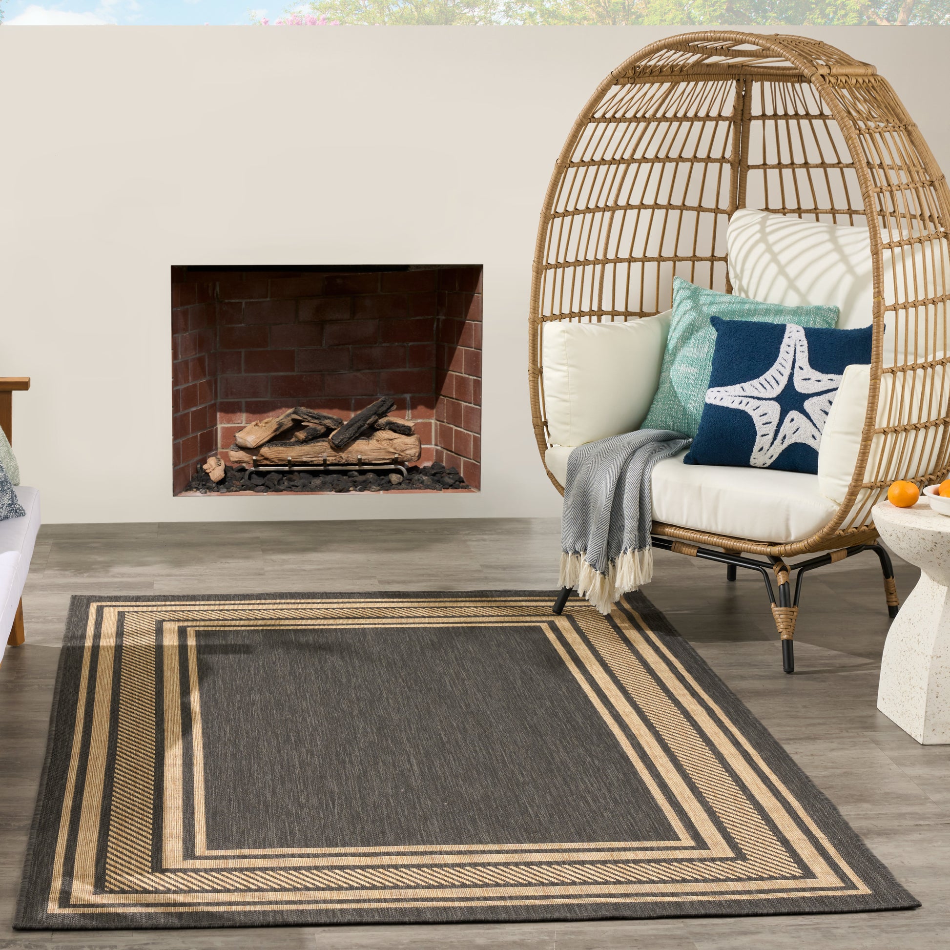 Dark gray and beige striped rug, 6' x 9'.
