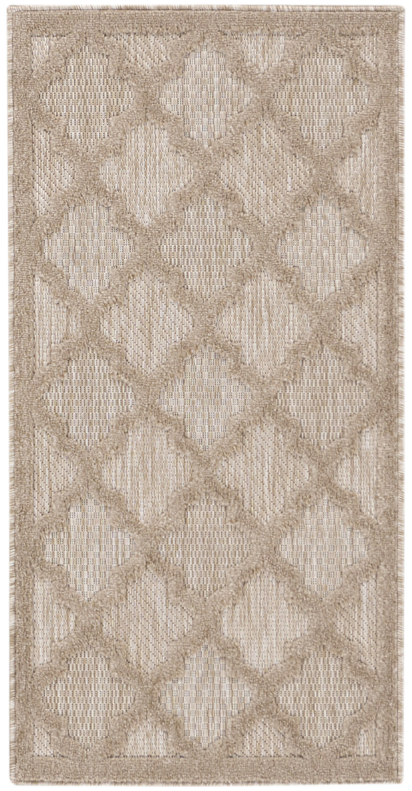 Beige flat-weave area rug with raised diamond lattice pattern in neutral tan tones.