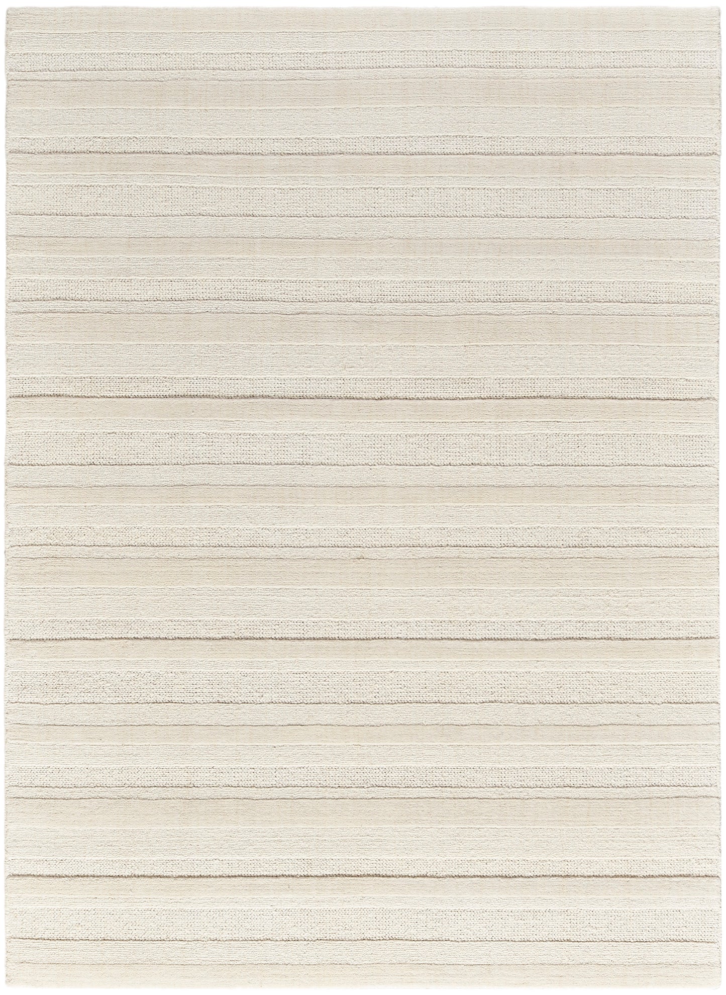 Cream rectangular rug with beige horizontal striped texture and soft plush piles.