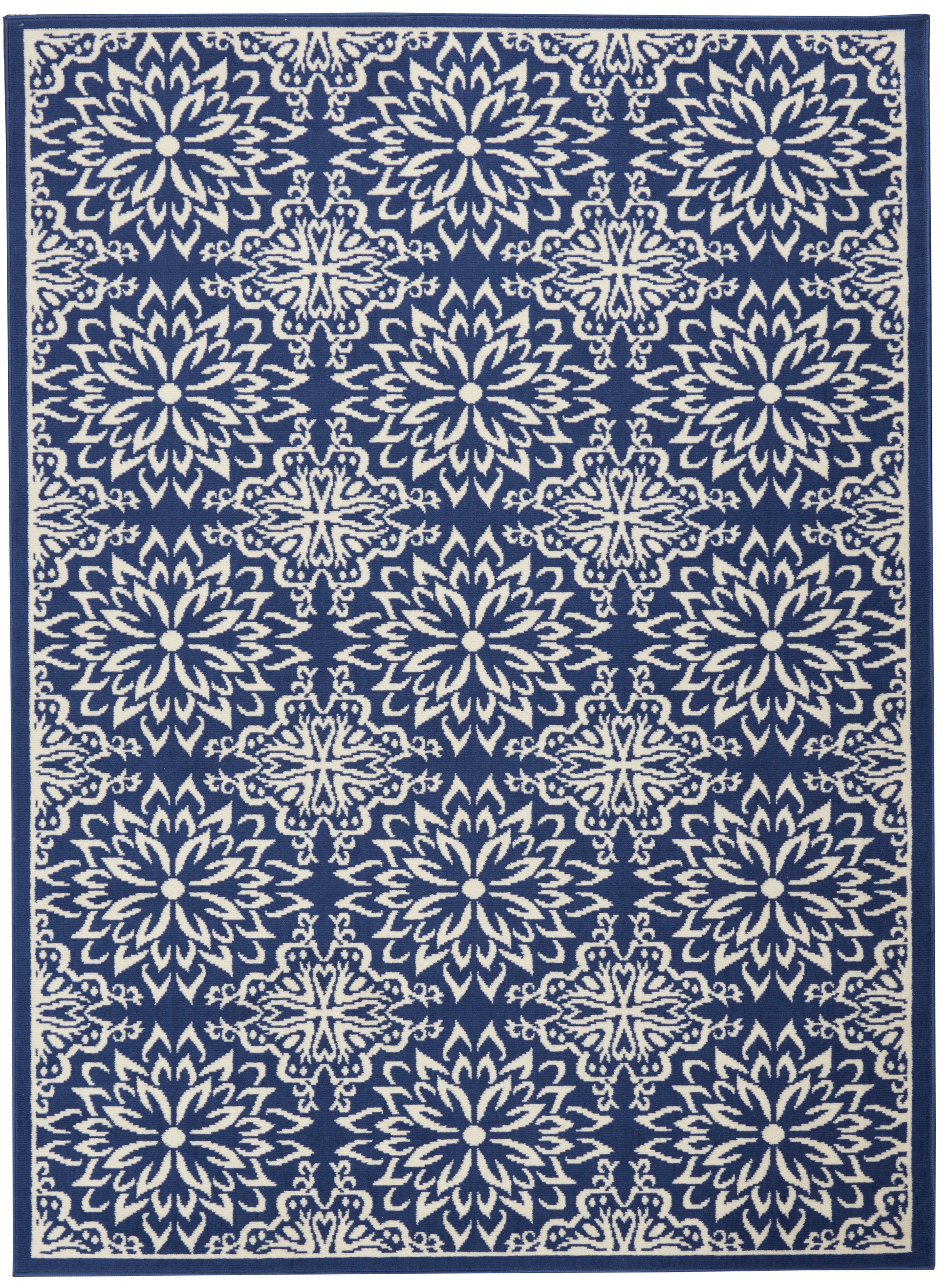 Navy blue indoor rug with ivory intricate floral medallion pattern and border; traditional oriental-inspired decor.