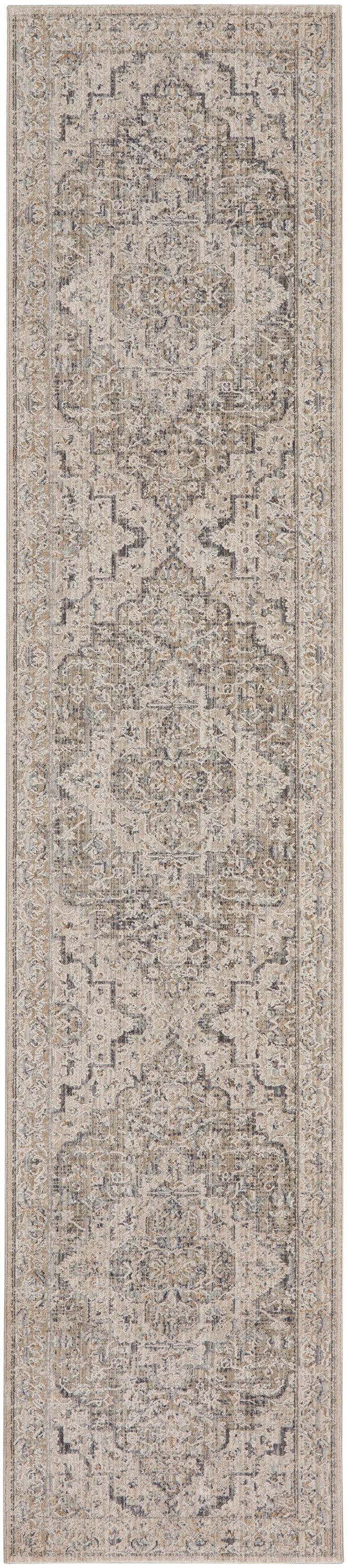 Beige and gray traditional runner rug with ornate medallions, floral motifs and decorative border.