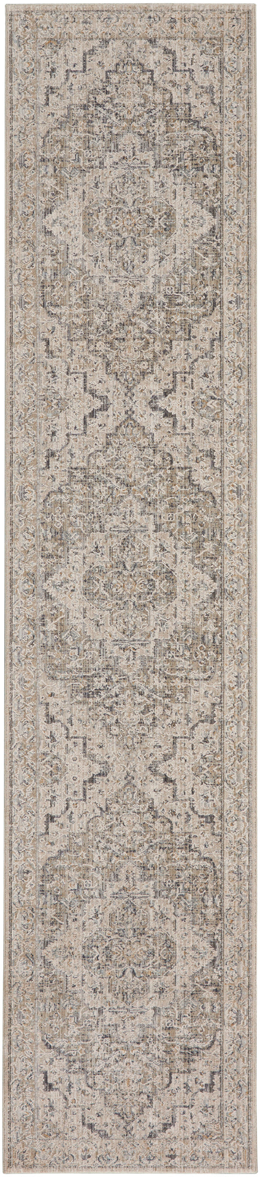 Beige and gray traditional runner rug with ornate medallions, floral motifs and decorative border.