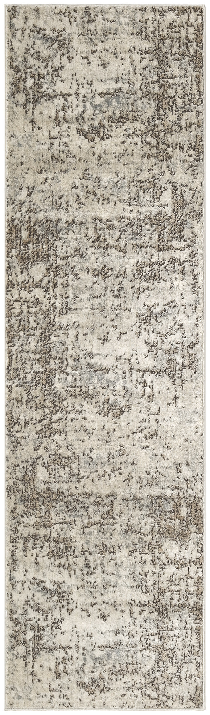 Long neutral beige distressed rug runner with faded brown motifs and vintage-inspired abstract pattern.