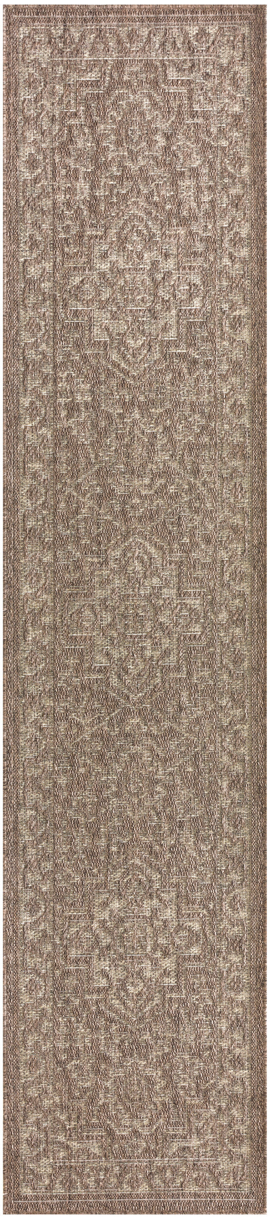 Brown and beige oriental runner rug with intricate geometric floral medallions and a bordered edge.