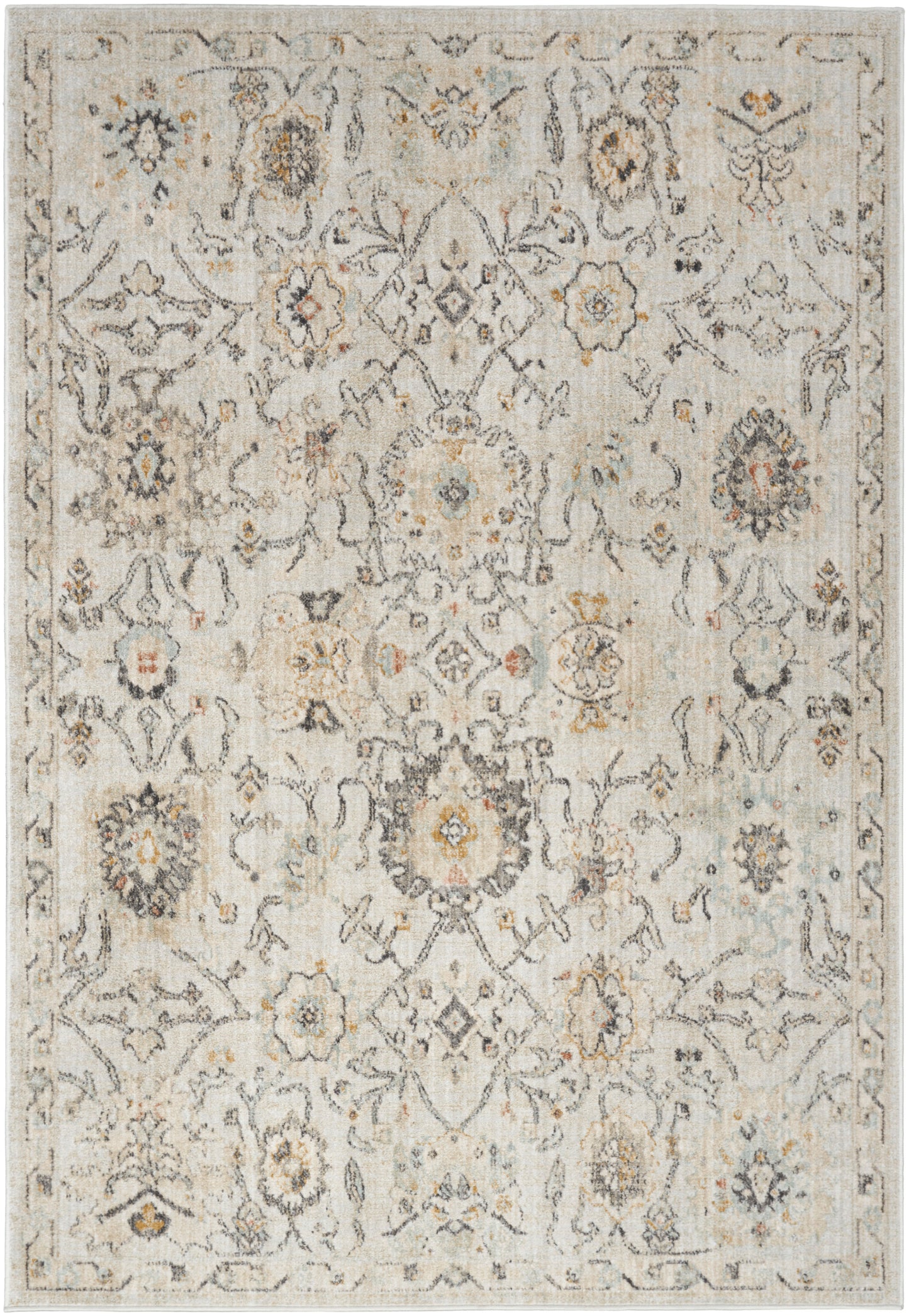 Cream & ivory oriental rug with distressed gray, pale blue & yellow floral motifs & decorative border.