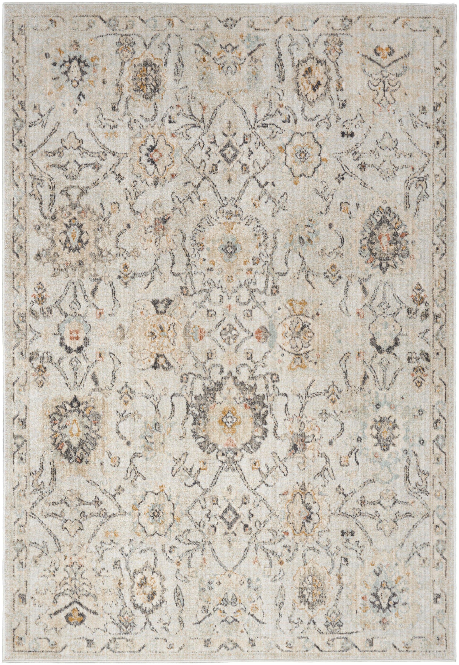Cream & ivory oriental rug with distressed gray, pale blue & yellow floral motifs & decorative border.