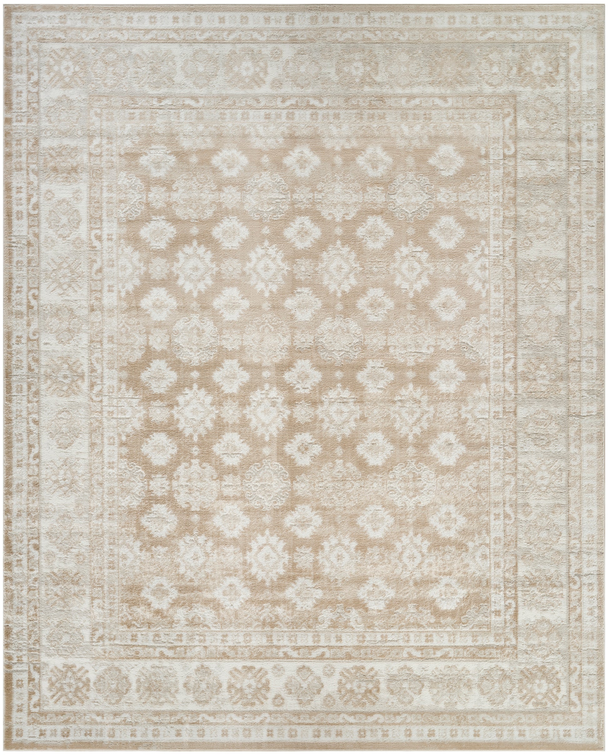 Beige/ivory rectangular area rug with vintage floral medallion pattern and layered borders; traditional living room decor.