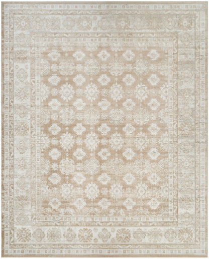 Beige/ivory rectangular area rug with vintage floral medallion pattern and layered borders; traditional living room decor.