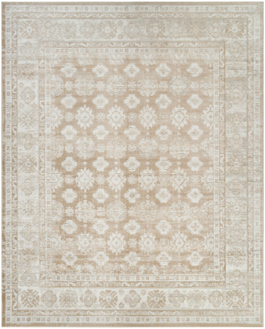 Beige/ivory rectangular area rug with vintage floral medallion pattern and layered borders; traditional living room decor.