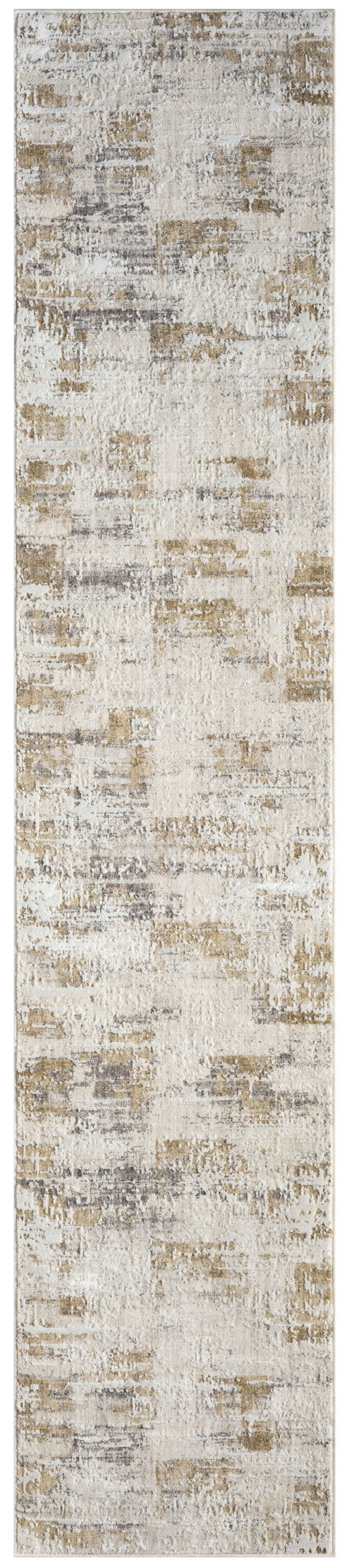 Neutral abstract patterned runner rug in cream, beige, taupe and gray; long hallway rug.