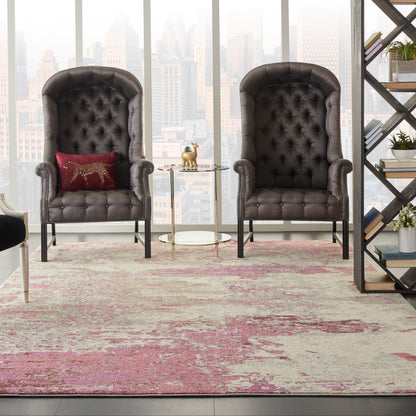 Pair of dark tufted leather wingback chairs with rolled arms, glass round side table, pink-beige rug, city skyline backdrop.