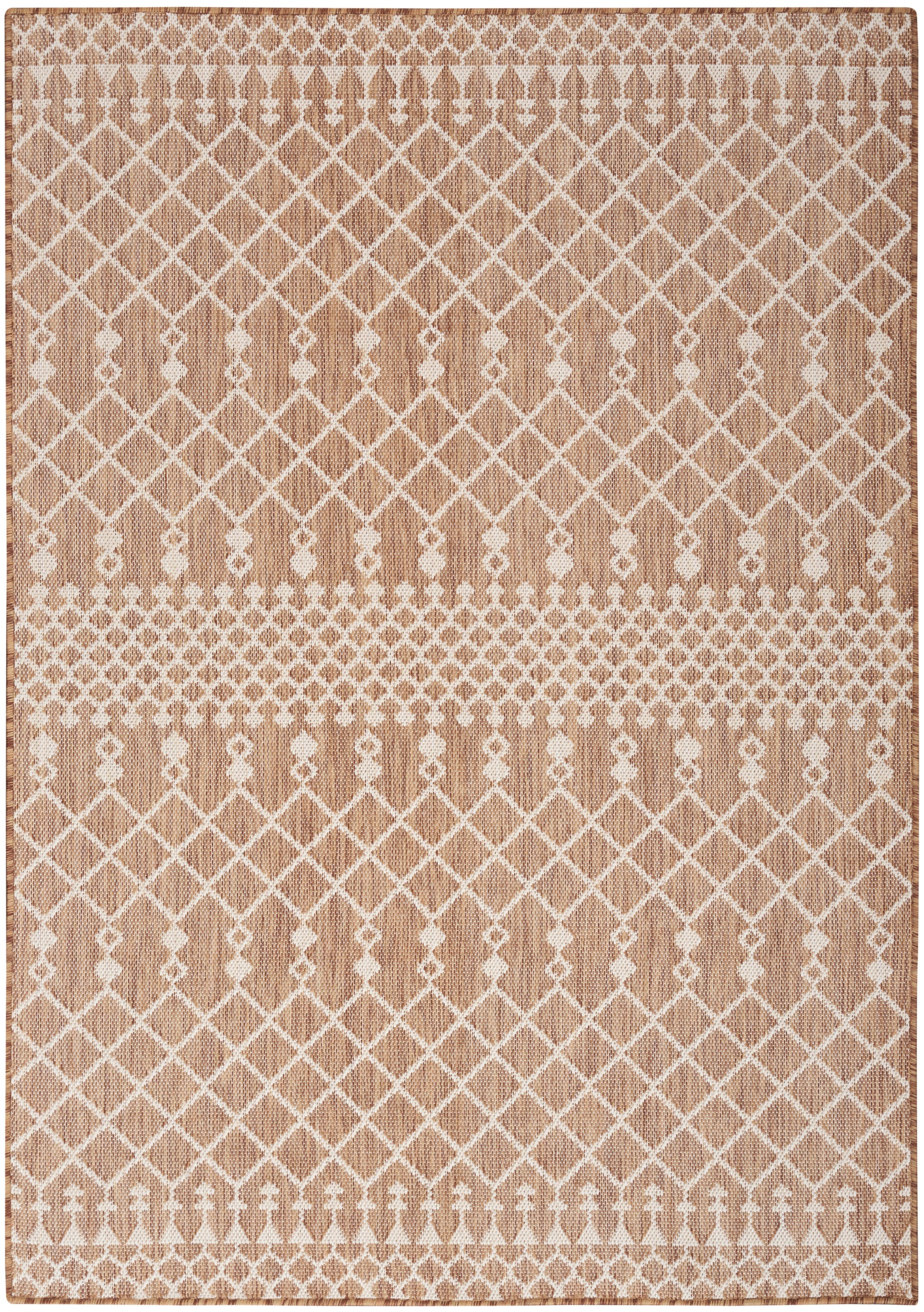 Rectangular beige woven rug with white lattice diamond pattern and dotted borders, cozy living room decor.