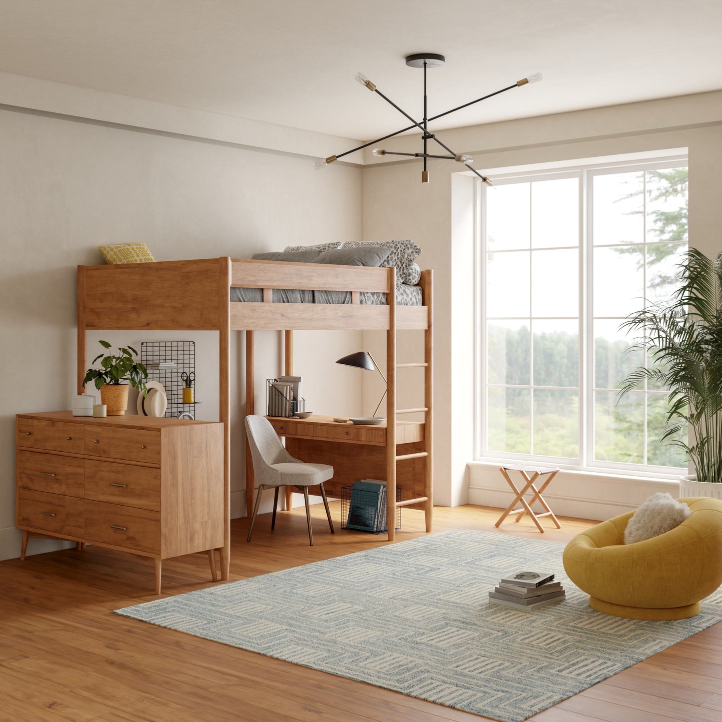 Modern natural wood loft bed over a desk with chair, dresser, potted plants, large window, blue rug and yellow chair.