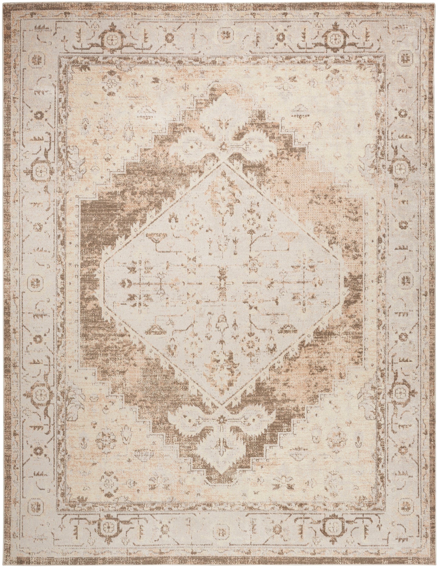 Distressed beige and ivory oriental rug with a large central diamond medallion and ornate border.