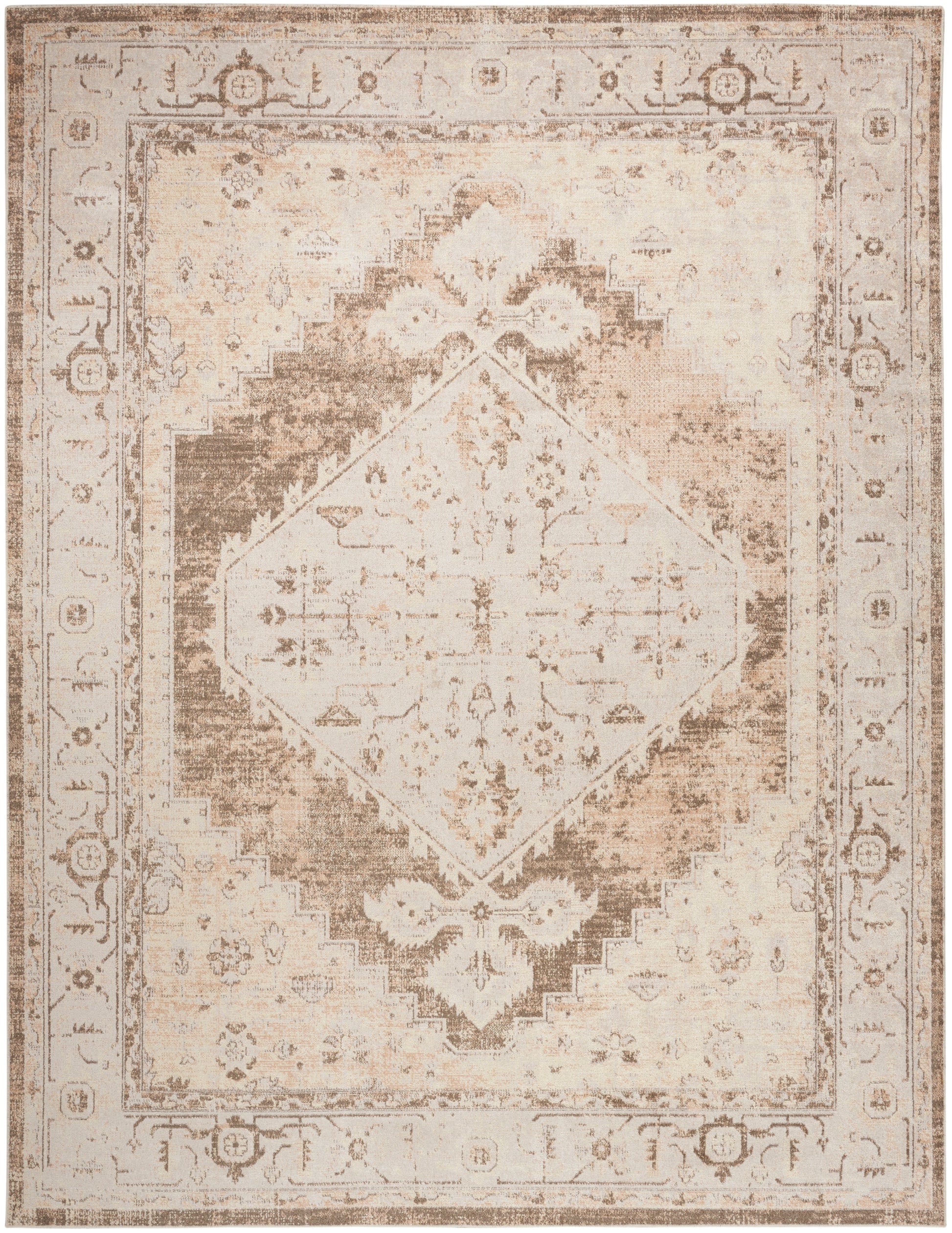 Distressed beige and ivory oriental rug with a large central diamond medallion and ornate border.