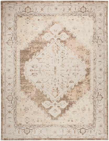 Distressed beige and ivory oriental rug with a large central diamond medallion and ornate border.