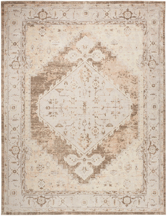 Distressed beige and ivory oriental rug with a large central diamond medallion and ornate border.