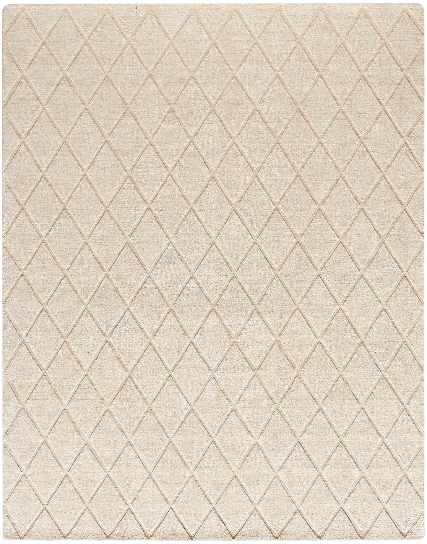 Beige area rug with cream diamond lattice pattern; tufted texture, rectangular shape for living room decor.