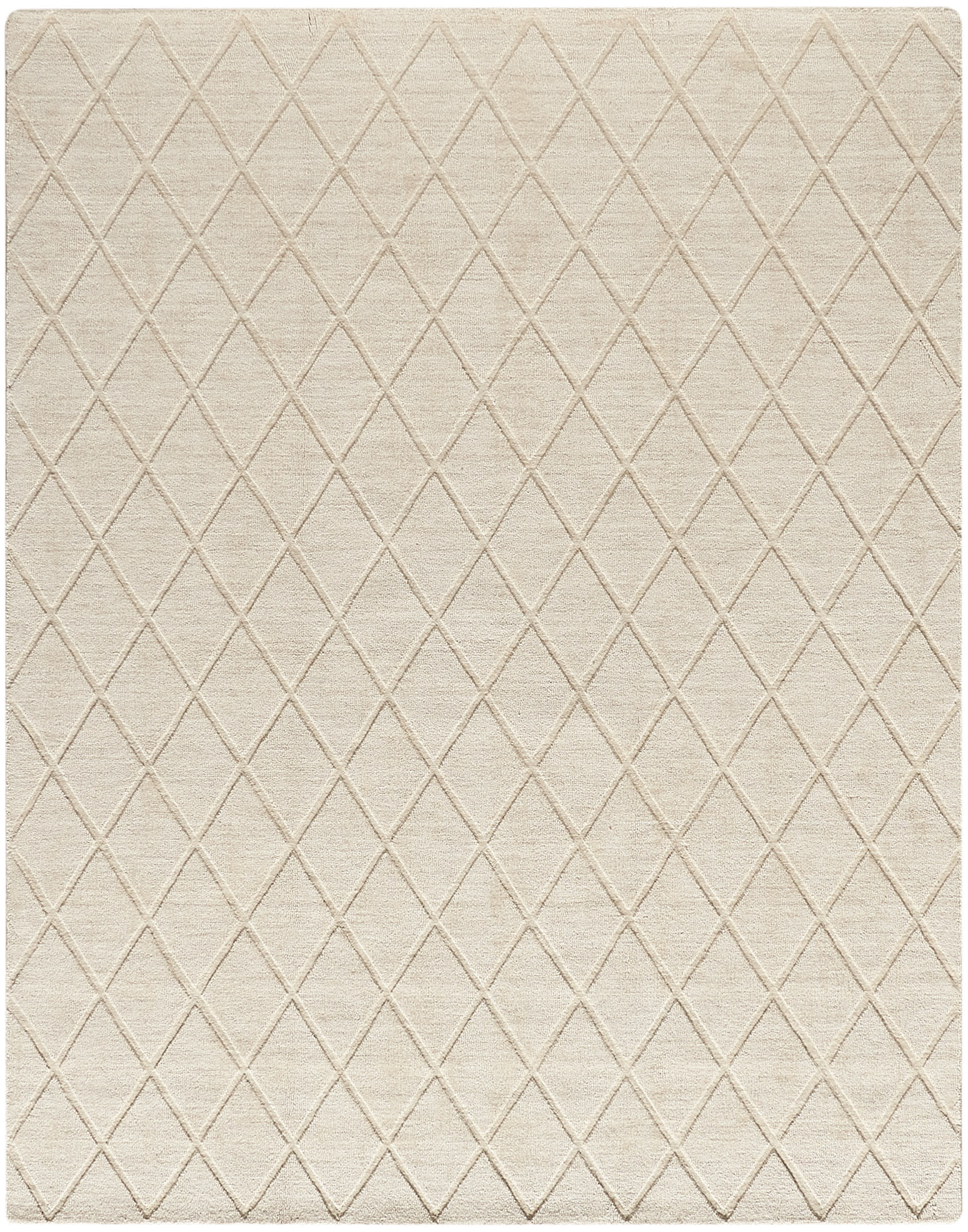 Beige area rug with cream diamond lattice pattern; tufted texture, rectangular shape for living room decor.