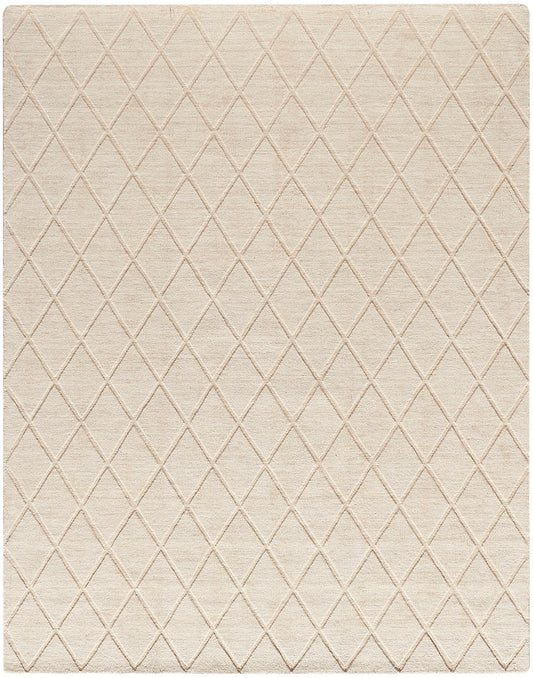 Beige area rug with cream diamond lattice pattern; tufted texture, rectangular shape for living room decor.
